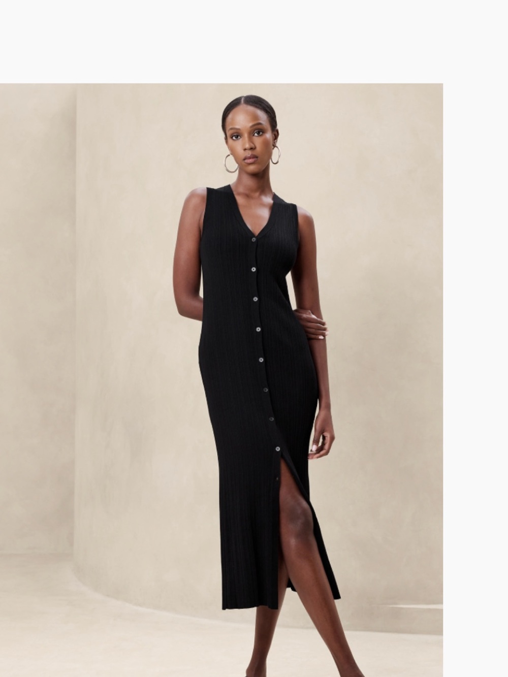 Banana Republic Sleeveless Black Button-Front Ribbed Midi Dress size M